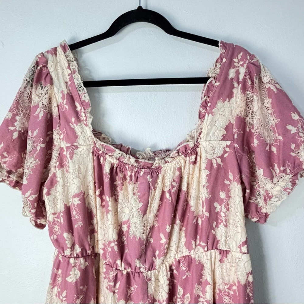 Torrid 1 Pink Cream Abstract Lace Mini Dress Babydoll Tiered Cottagecore Casual - Picture 12 of 14